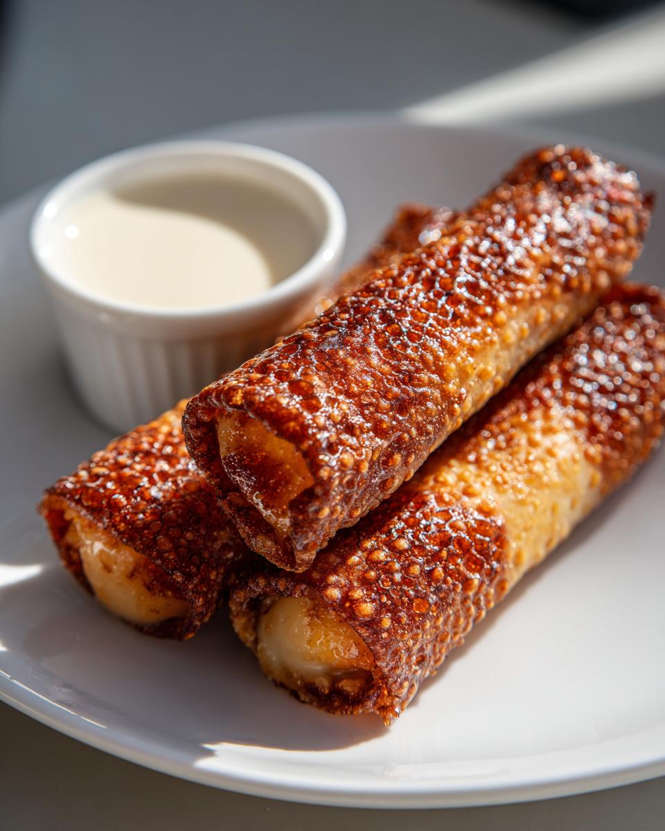 Three golden brown, crispy peach cobbler egg rolls stacked on a white plate next to a small ramekin of dipping sauce.