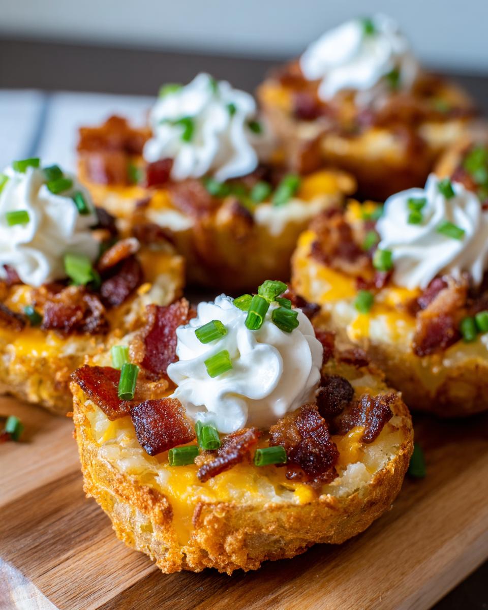 Close-up of crispy potato skins loaded with cheese, bacon bits, sour cream, and chives.