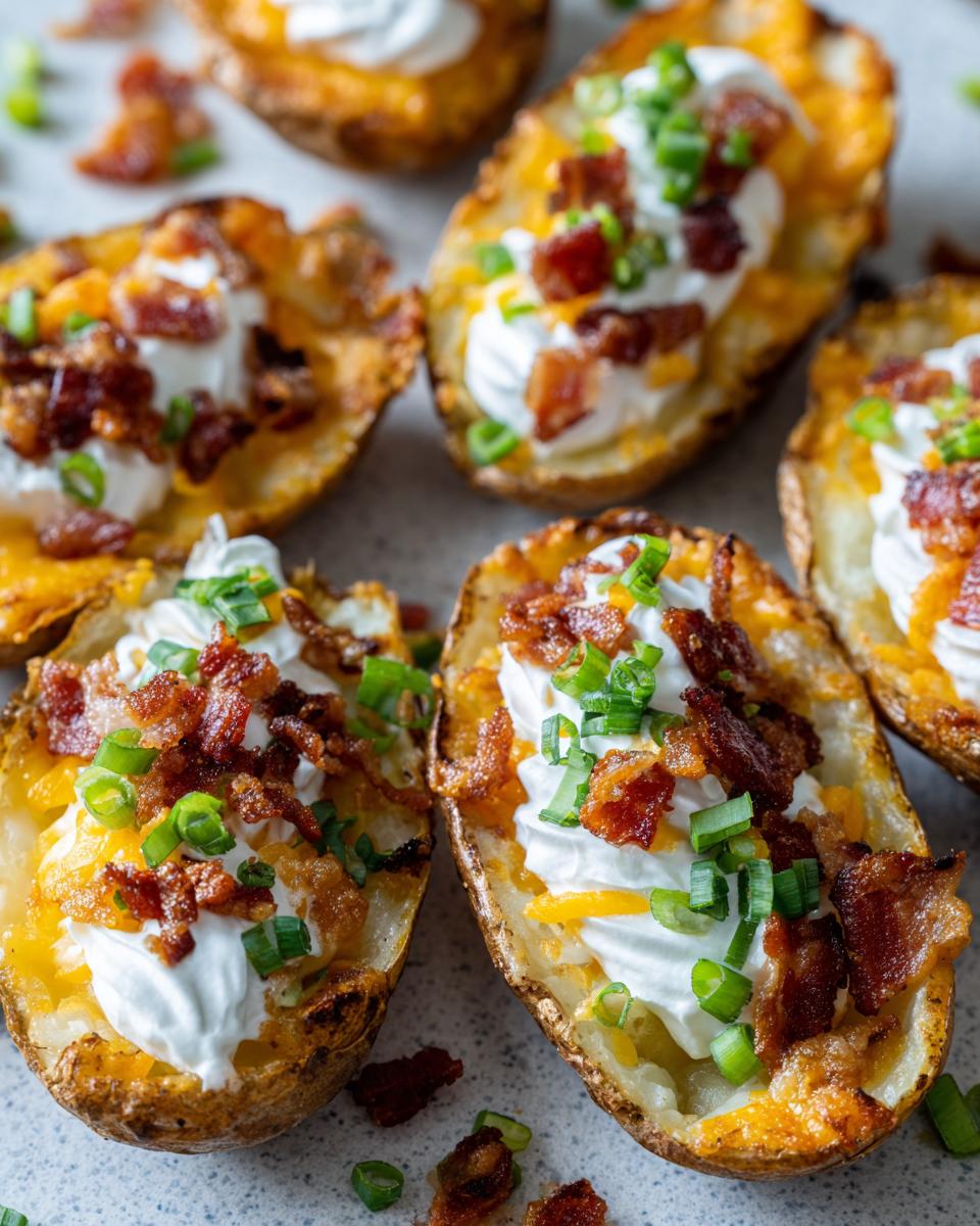 Close-up of several crispy potato skins loaded with sour cream, melted cheese, bacon bits, and chives.