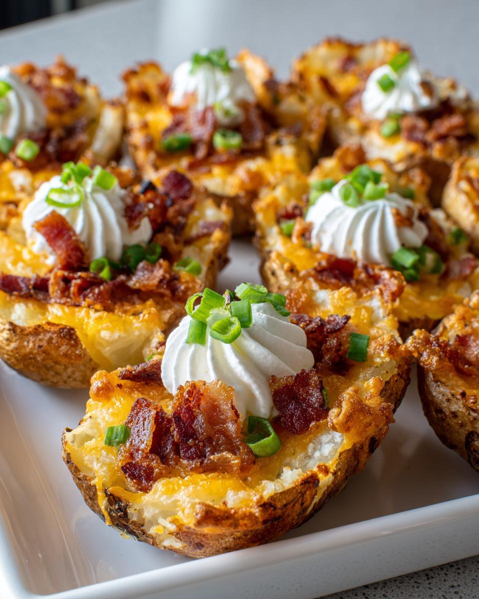 A platter of crispy potato skins loaded with melted cheese, bacon bits, sour cream, and chives.