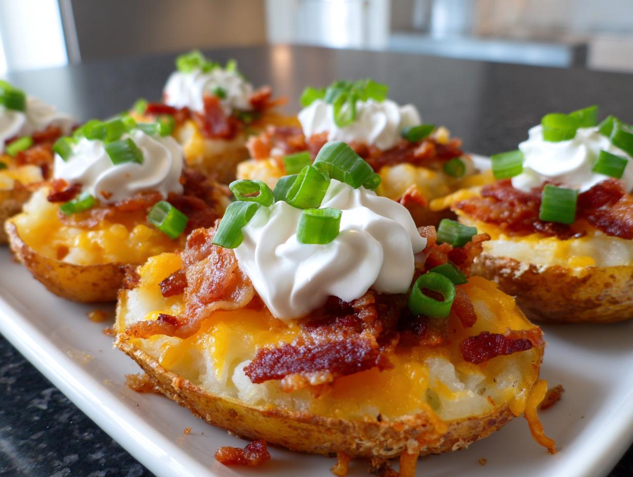 A close-up of several crispy potato skins loaded with melted cheddar cheese, bacon bits, sour cream, and green onions.