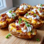Close-up of crispy potato skins loaded with melted cheese, sour cream, bacon, and green onions.