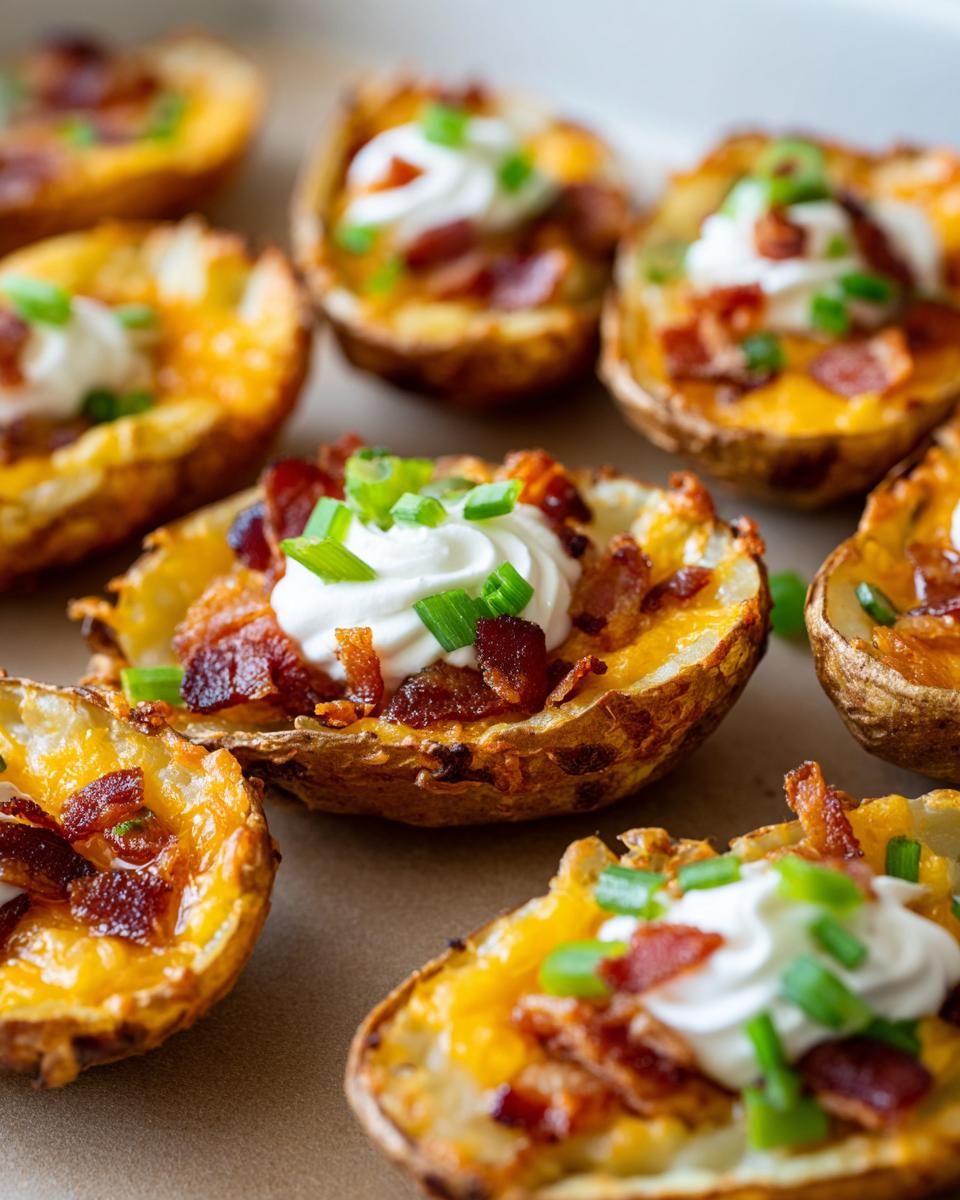 Close-up of several crispy potato skins loaded with melted cheese, bacon, sour cream, and chives.