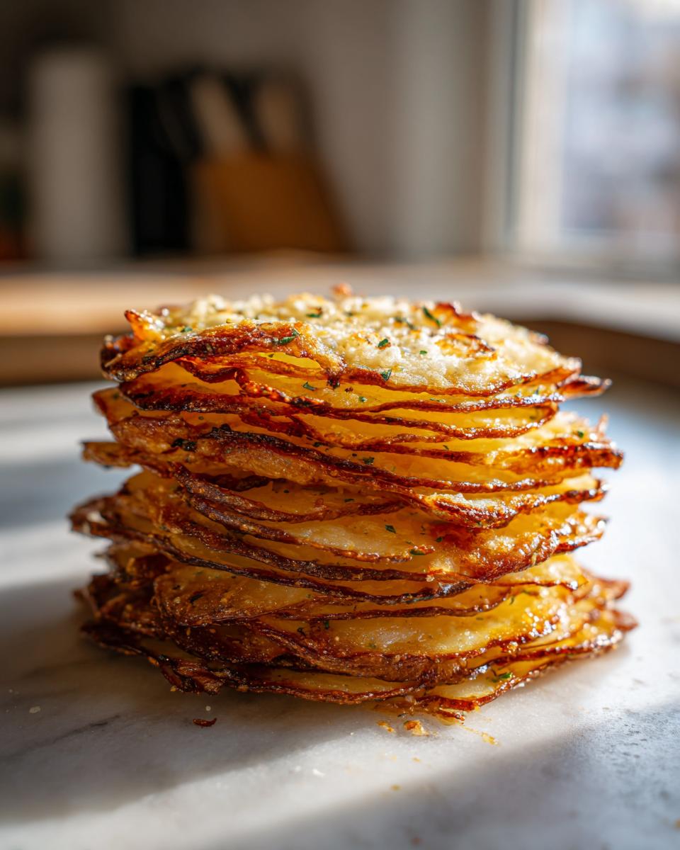 A tall stack of crispy, golden brown potato stacks, seasoned with herbs and cheese.