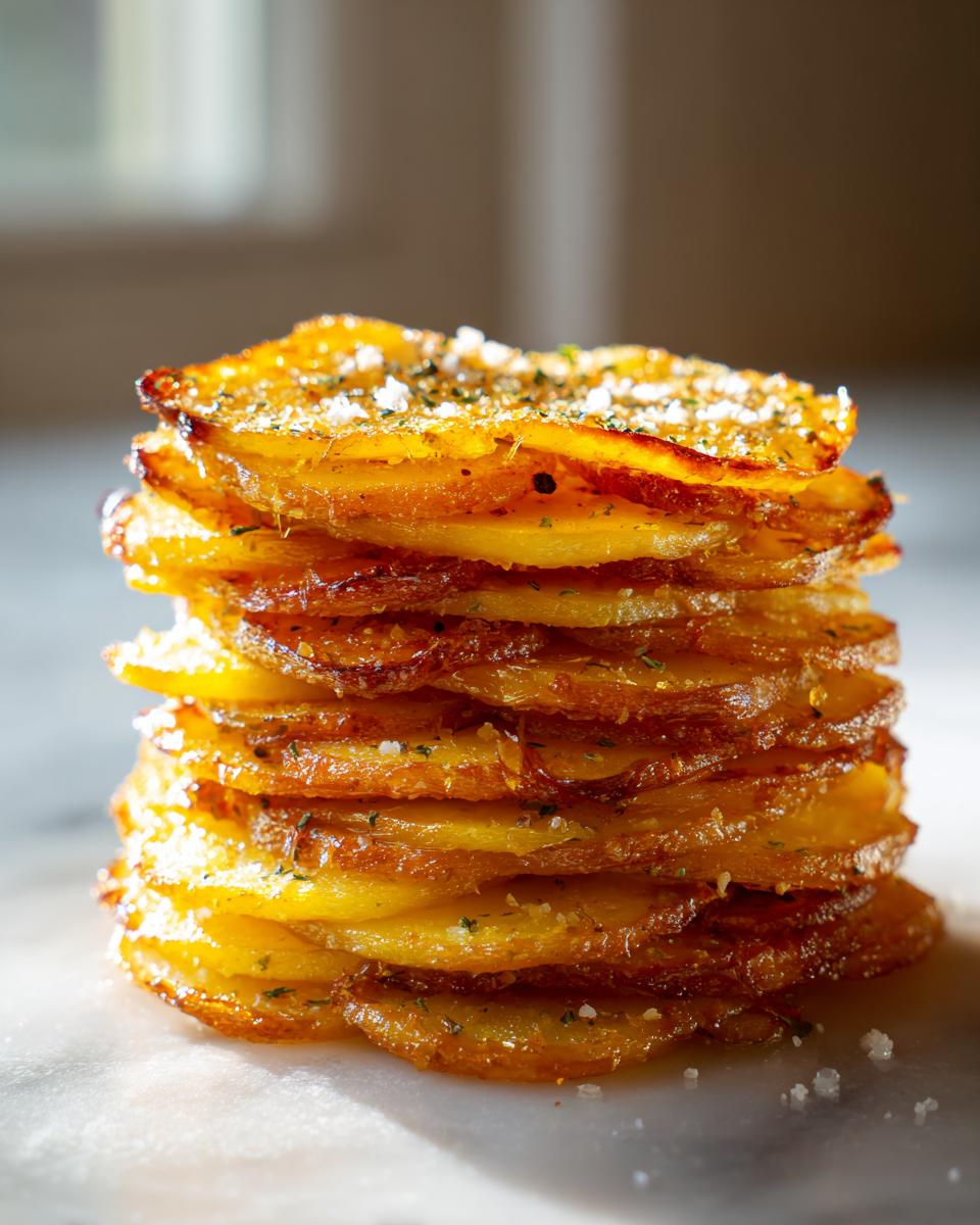 A vertical stack of perfectly golden, crispy potato stacks seasoned with salt and herbs.