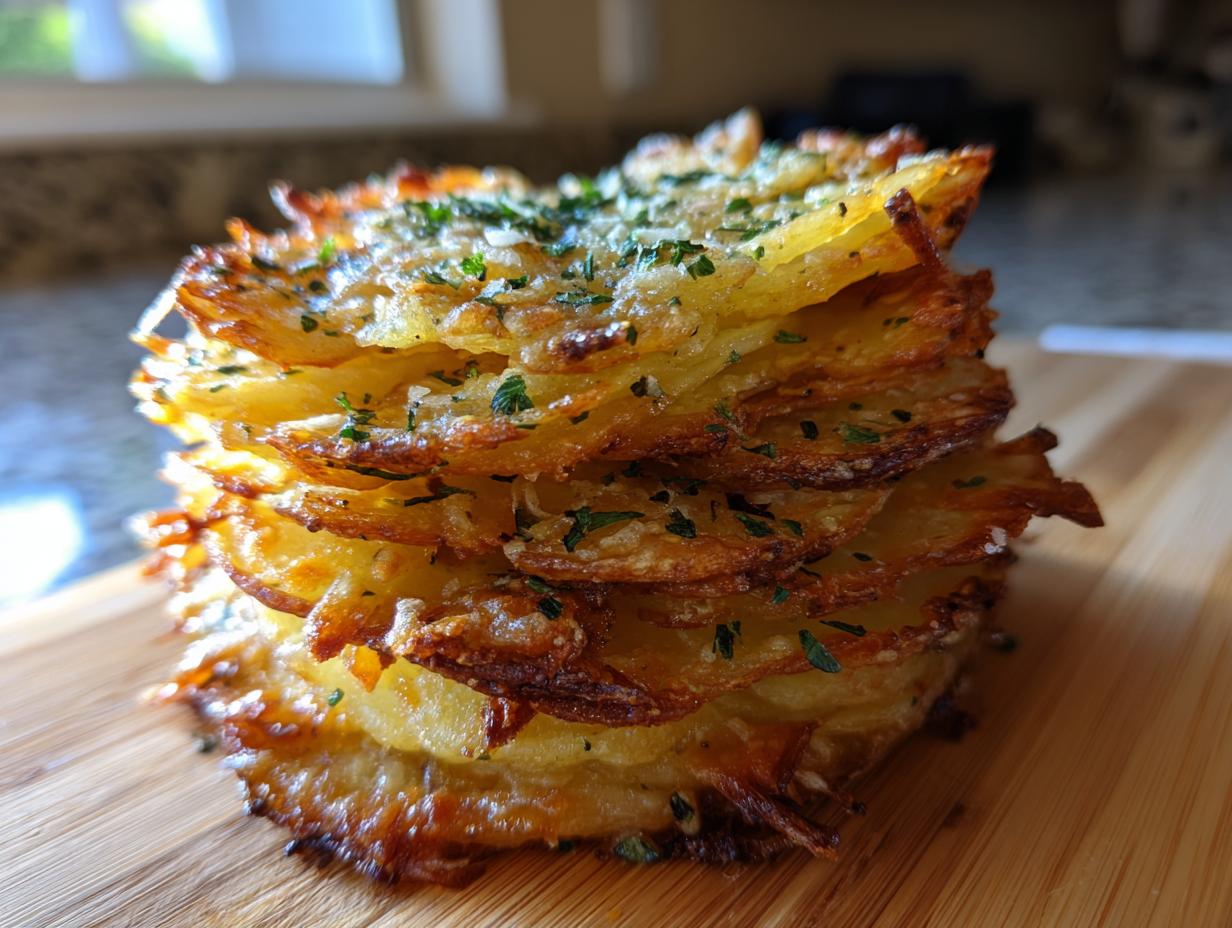 A tall, golden-brown stack of thinly sliced, crispy potato stacks seasoned with cheese and parsley.