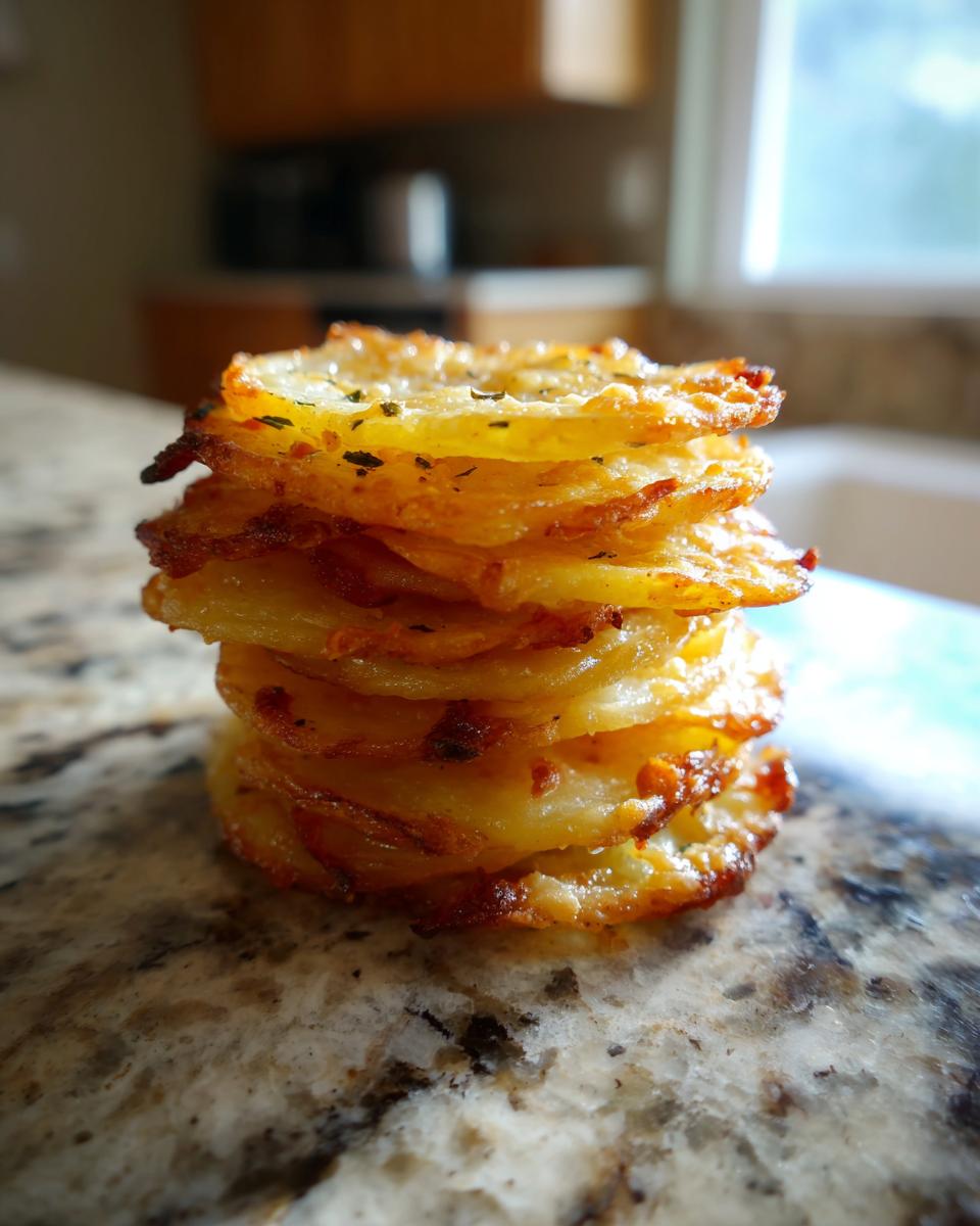 Close-up of a single serving of crispy, golden potato stacks seasoned with herbs on a granite countertop.