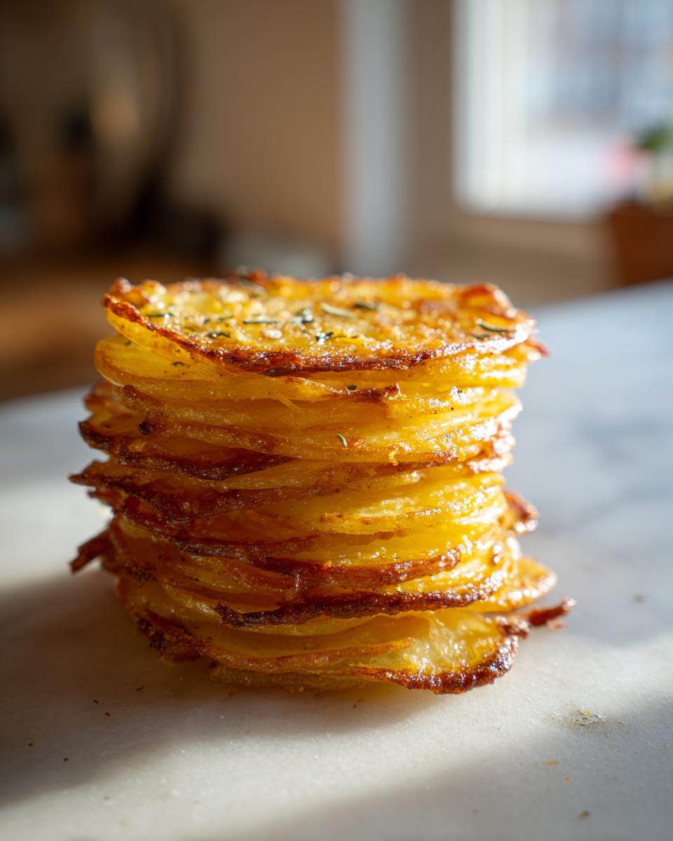A tall stack of crispy, golden-brown potato stacks seasoned with herbs, sitting on a white marble surface.