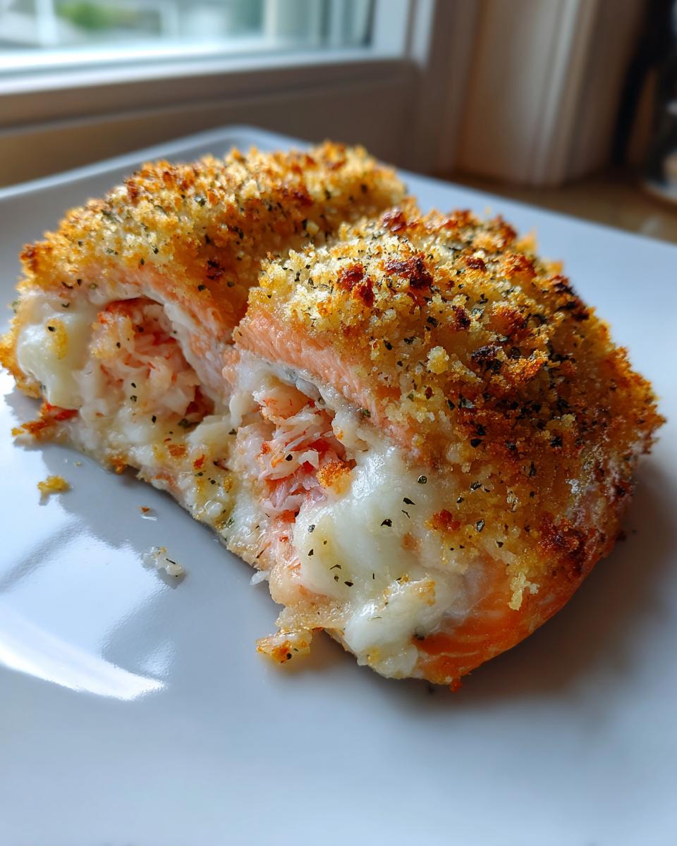 A cross-section of a baked stuffed salmon fillet showing crab and cheese filling, topped with golden breadcrumbs.