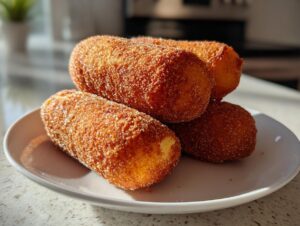 A close-up of four golden-brown, sugar-dusted corn dogs stacked on a white plate.