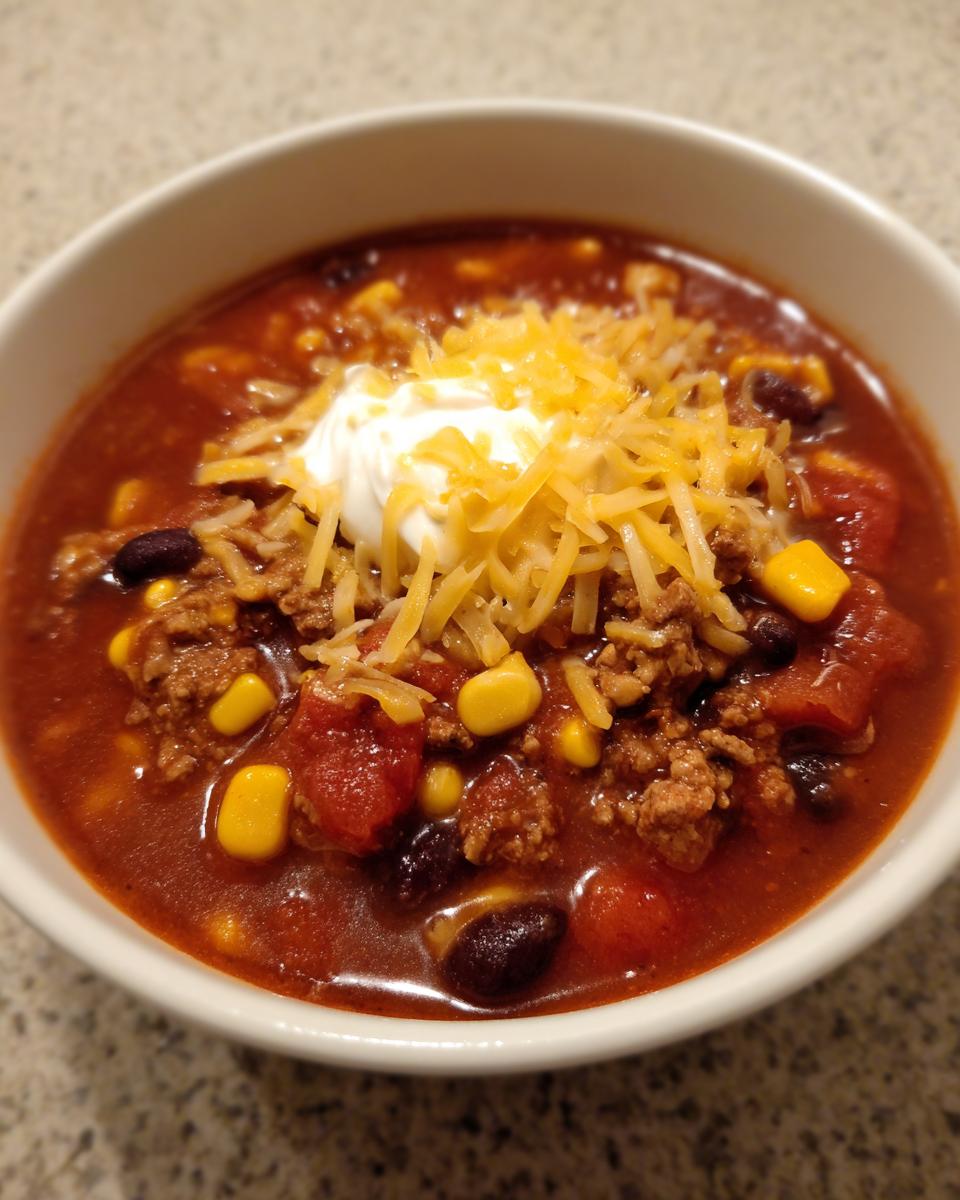 Close-up of a bowl of rich crockpot cowboy soup topped with shredded cheese and sour cream.