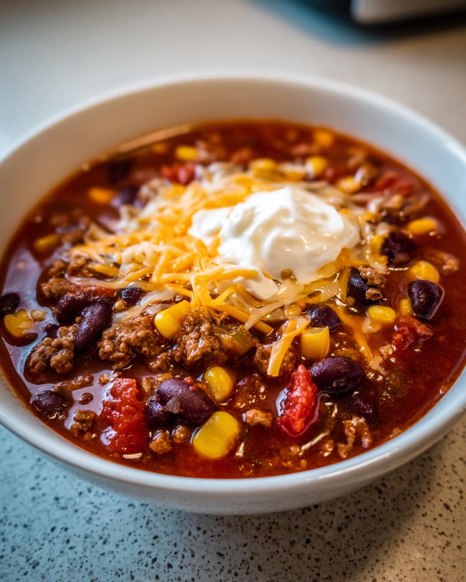 Close-up of a bowl of rich crockpot cowboy soup topped with shredded cheese and sour cream.