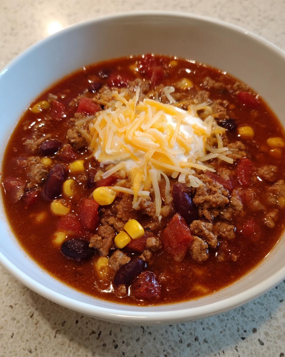 A close-up of a white bowl filled with hearty crockpot cowboy soup, topped with sour cream and shredded cheese.