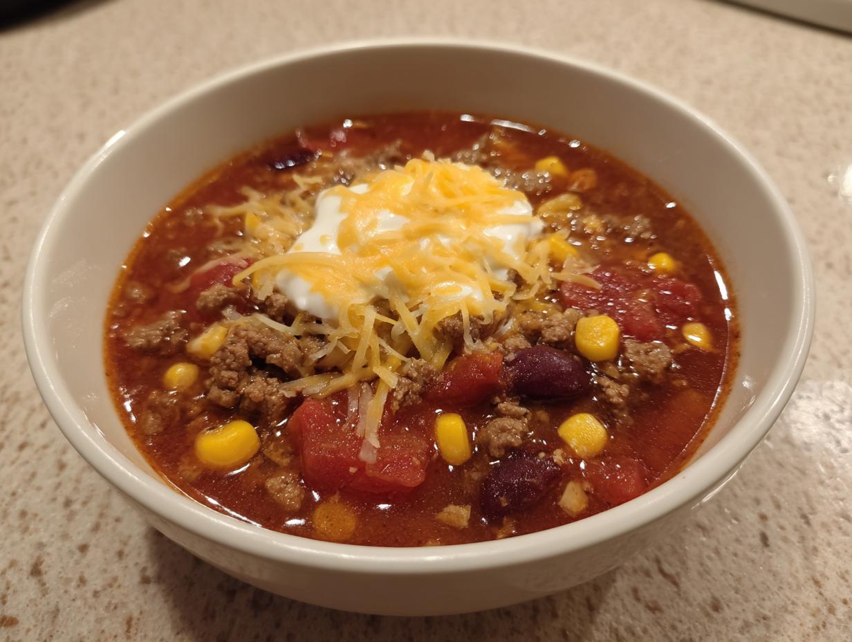 A close-up of a bowl of rich crockpot cowboy soup topped with sour cream and shredded cheddar cheese.