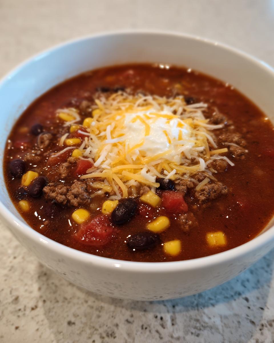A close-up of a bowl of rich crockpot cowboy soup topped with shredded cheese and sour cream.