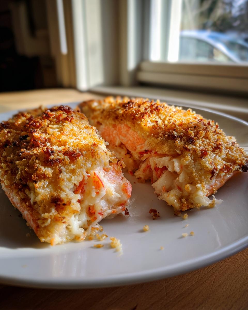 Two halves of golden, crumb-topped stuffed salmon resting on a white plate, showing the creamy filling.