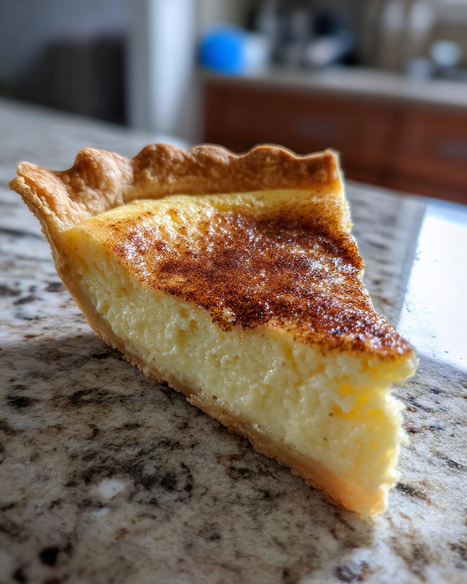 A close-up slice of silky custard pie showing the rich filling and browned cinnamon top.