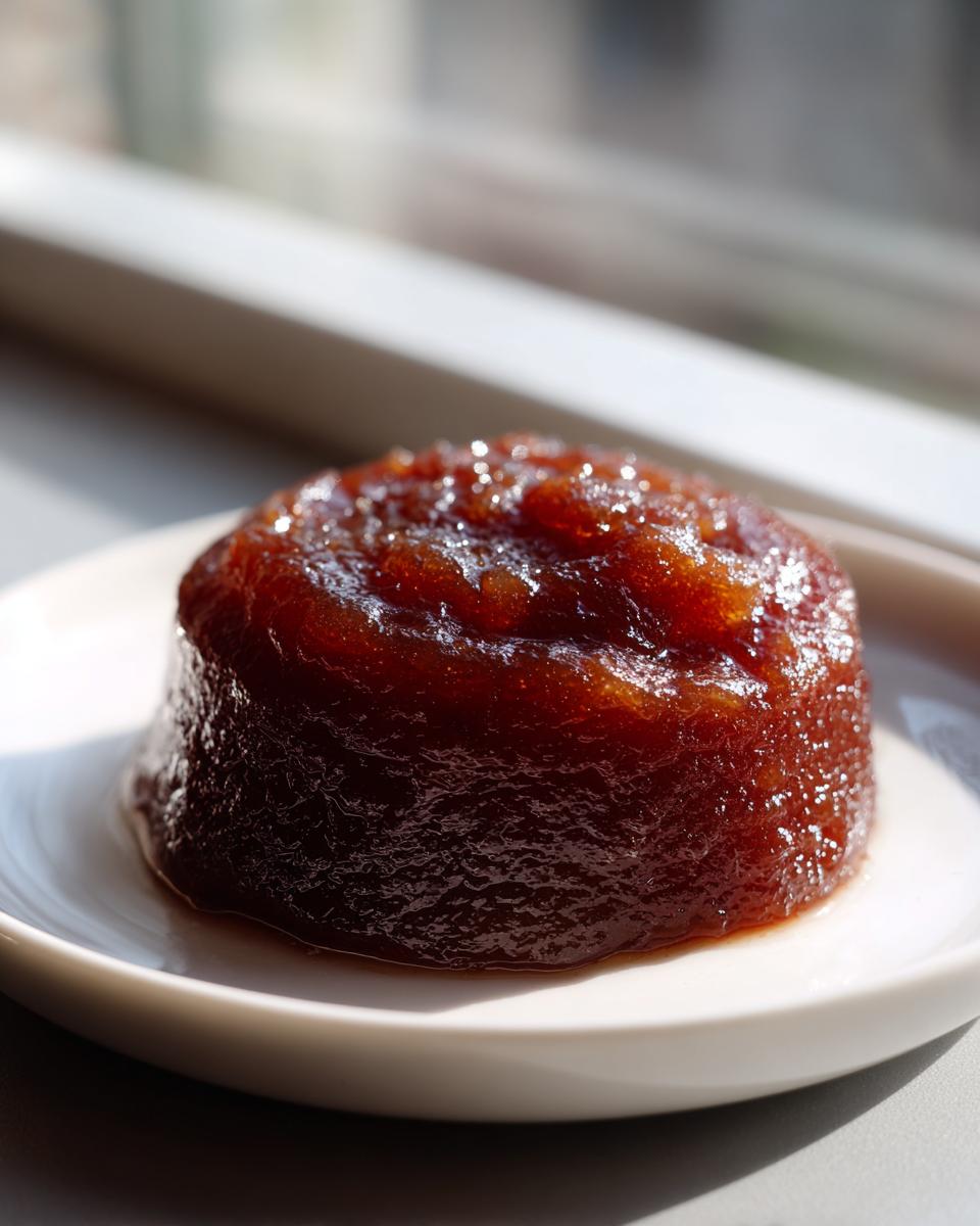 A thick, dark amber scoop of homemade pear butter sitting on a small white plate, glistening in the sunlight.