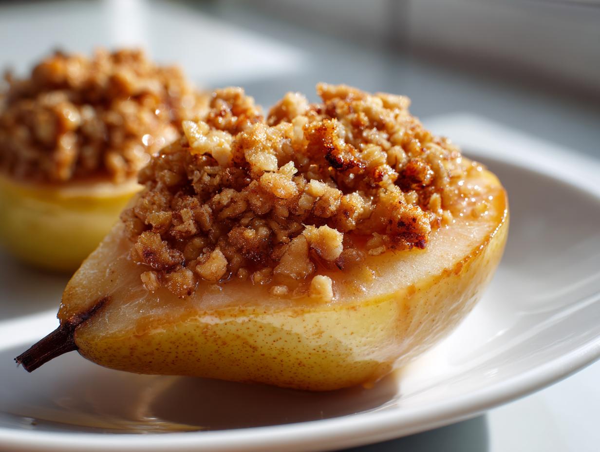 A close-up of a halved, baked pear topped generously with a golden brown, crunchy crumble mixture, part of a divine baked pears recipe.