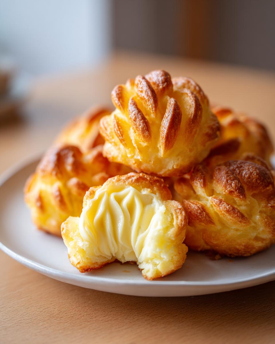 Close-up of perfectly piped and baked duchess potatoes with a creamy interior shown in one broken piece.