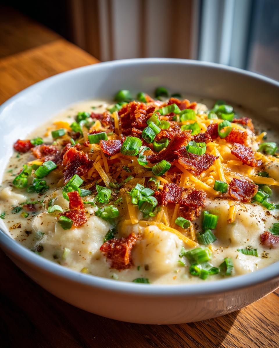 Close-up of a hearty bowl of easy crockpot potato soup topped with shredded cheese, bacon bits, and green onions.
