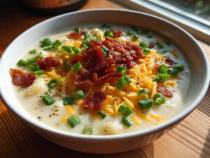 A close-up of a bowl of creamy easy crockpot potato soup topped with shredded cheddar cheese, bacon bits, and green onions.