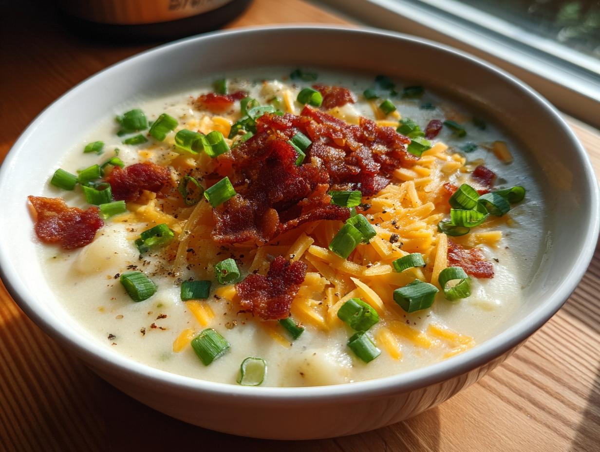 A close-up of a bowl of creamy easy crockpot potato soup topped with shredded cheddar cheese, bacon bits, and green onions.