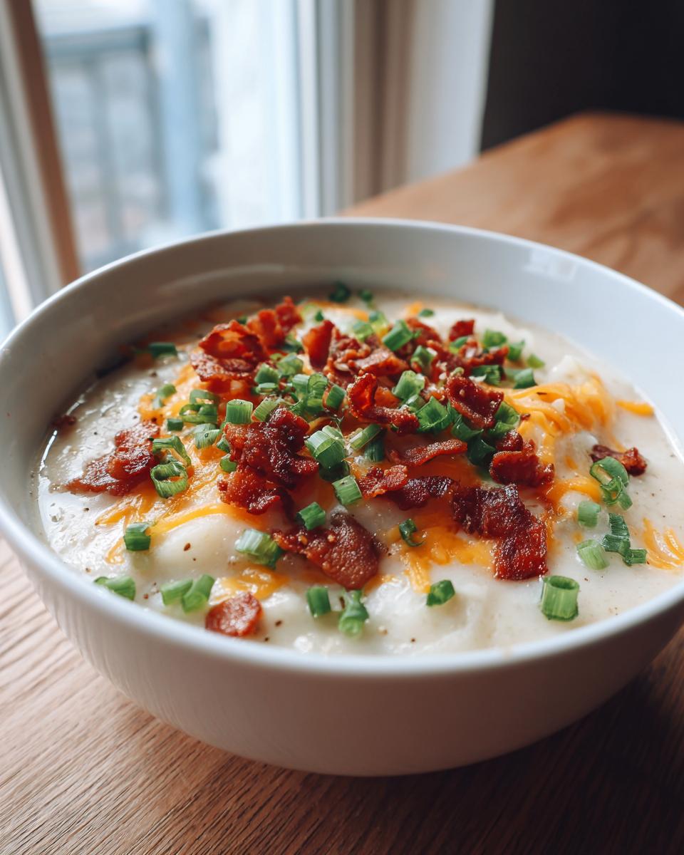 A close-up of a bowl of creamy easy crockpot potato soup topped generously with shredded cheddar, bacon bits, and green onions.