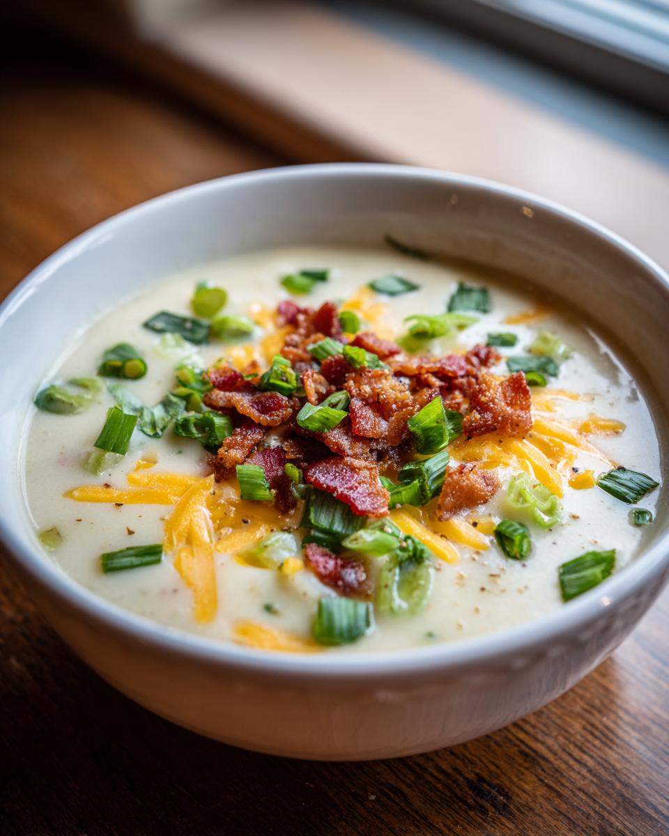 Close-up of a creamy bowl of easy crockpot potato soup topped with shredded cheddar, bacon bits, and green onions.