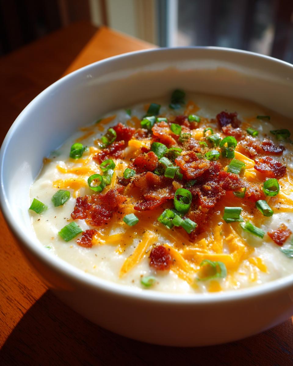 A close-up of a bowl of creamy easy crockpot potato soup topped generously with shredded cheddar cheese, crumbled bacon, and green onions.