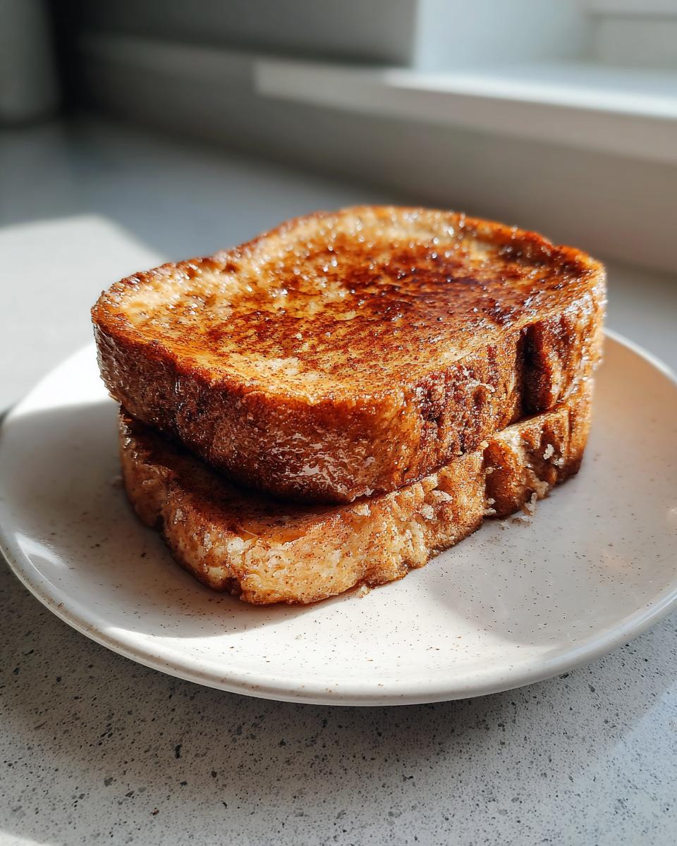 Two slices of golden brown easy french toast stacked on a white speckled plate, dusted with cinnamon.