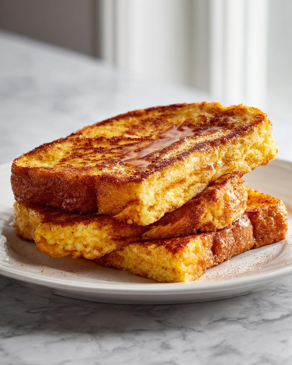 Three thick slices of golden brown easy french toast stacked on a white plate, drizzled with syrup and sprinkled with cinnamon.