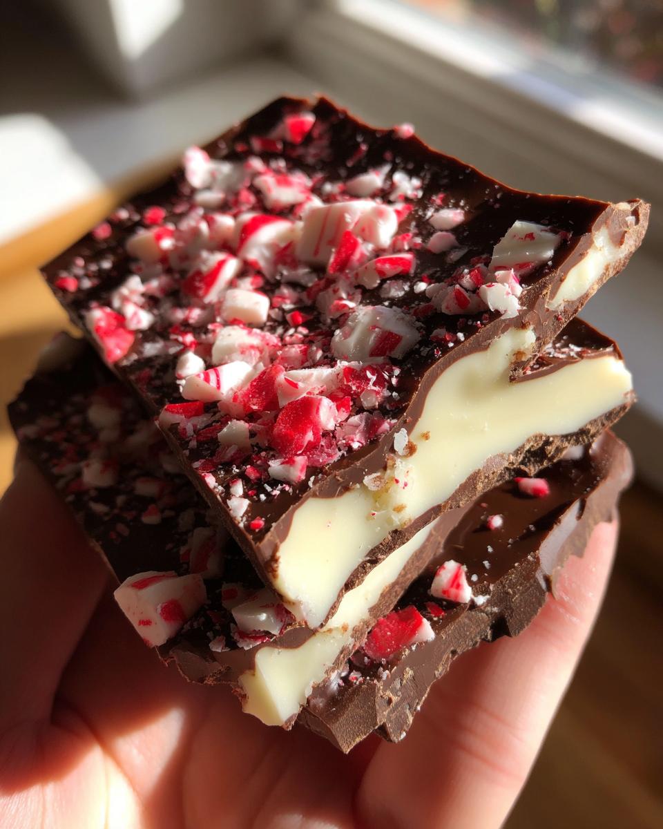 Two stacked pieces of homemade peppermint bark recipe showing dark chocolate, white chocolate layer, and crushed candy canes.