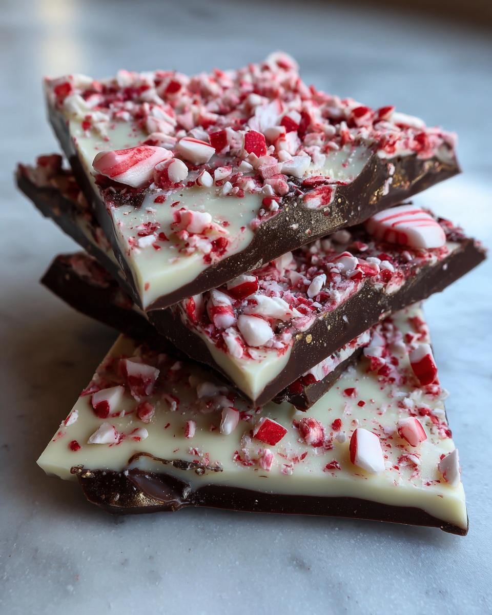 Stack of three dark and white chocolate pieces from a peppermint bark recipe, topped with crushed candy canes.