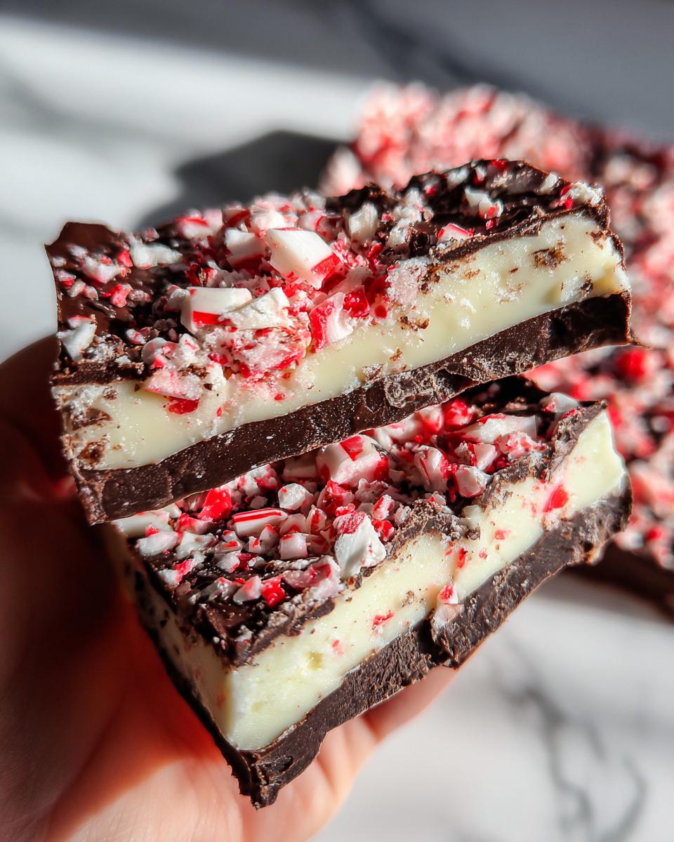 Two stacked pieces of homemade peppermint bark recipe showing dark chocolate, white chocolate, and crushed candy canes.