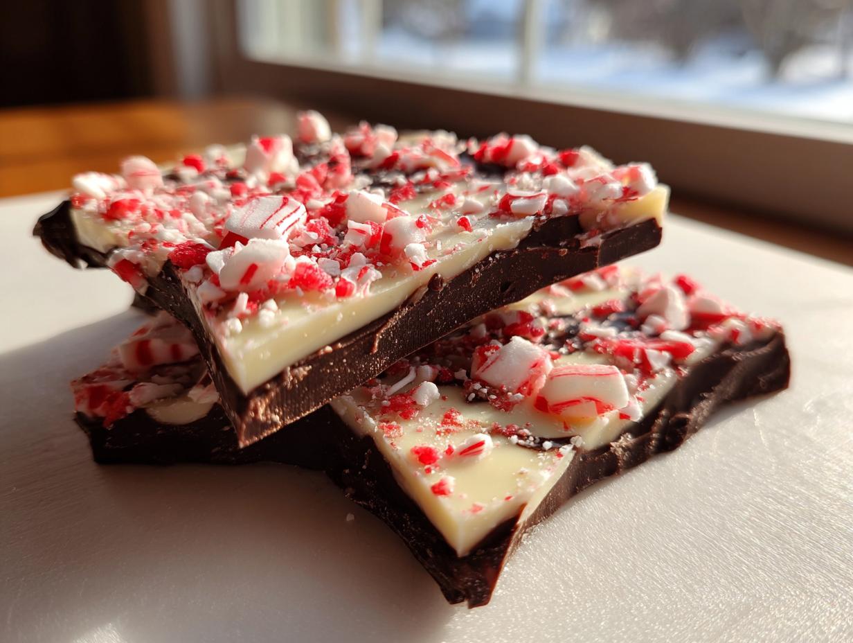 Two stacked pieces of easy peppermint bark recipe showing dark chocolate, white chocolate, and crushed candy canes.