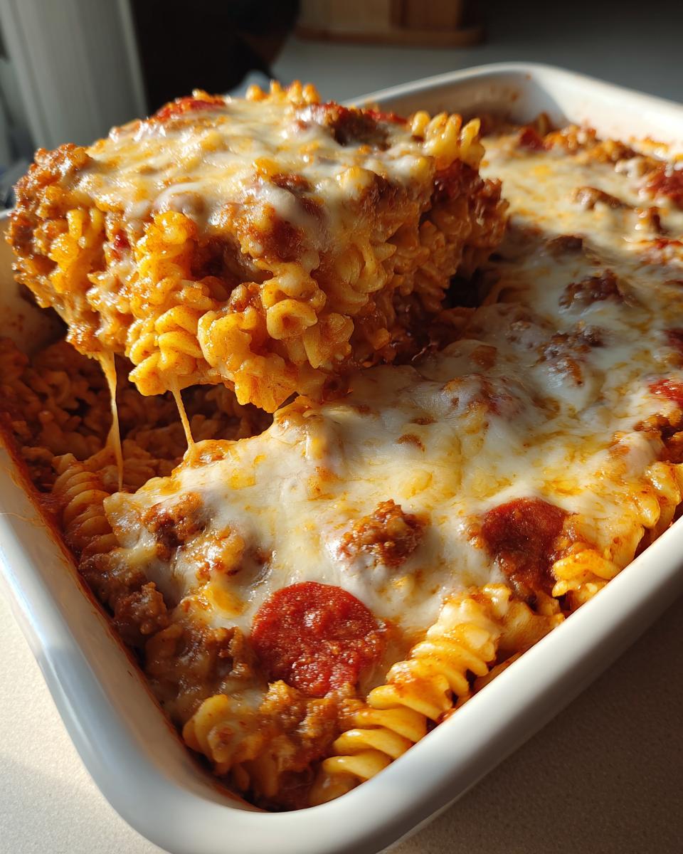 A serving spoon lifts a portion of cheesy pizza pasta bake showing melted mozzarella and pepperoni.