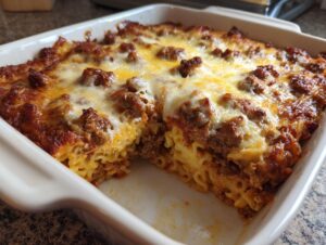A close-up of a freshly baked pizza pasta bake in a white dish, showing melted cheese and meat sauce over macaroni.