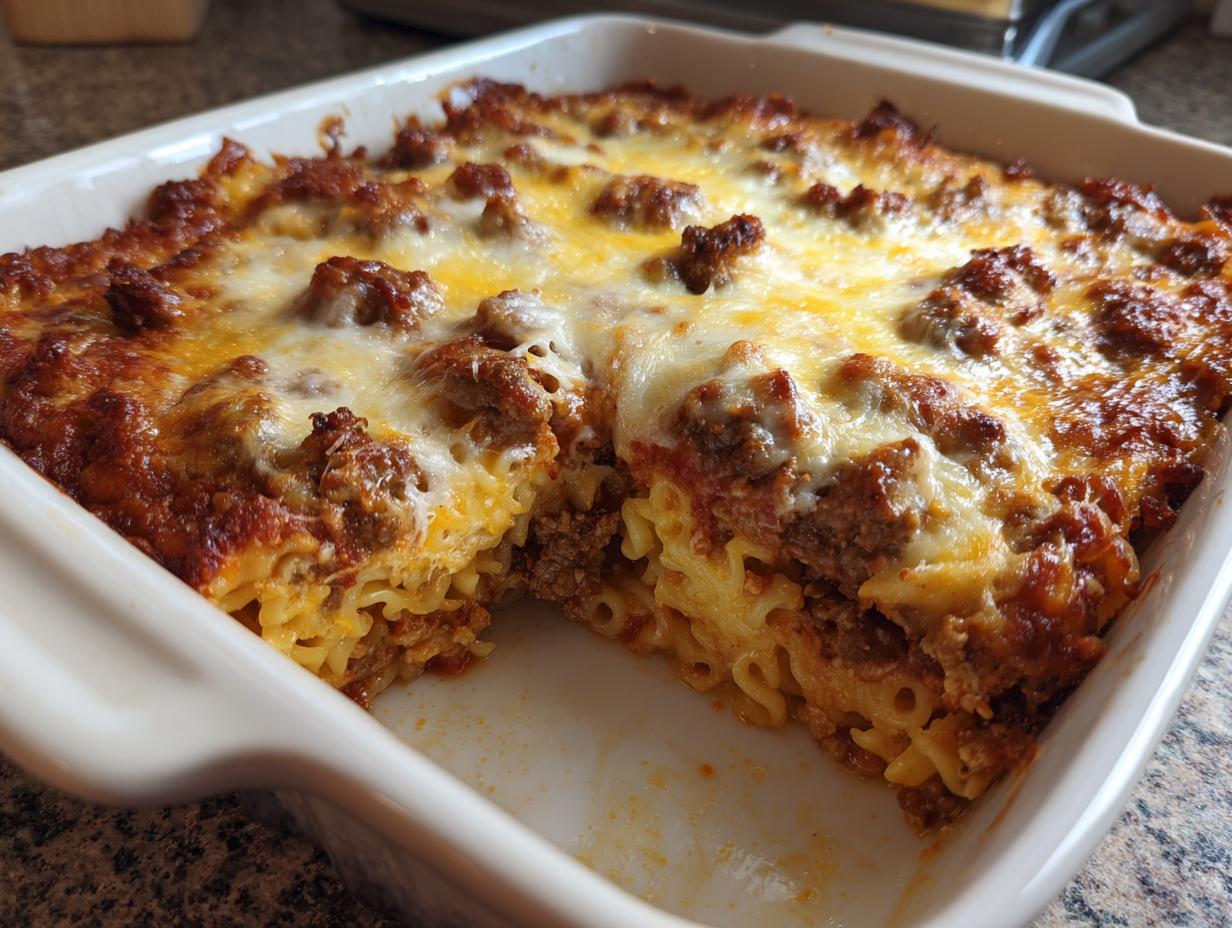 A close-up of a freshly baked pizza pasta bake in a white dish, showing melted cheese and meat sauce over macaroni.