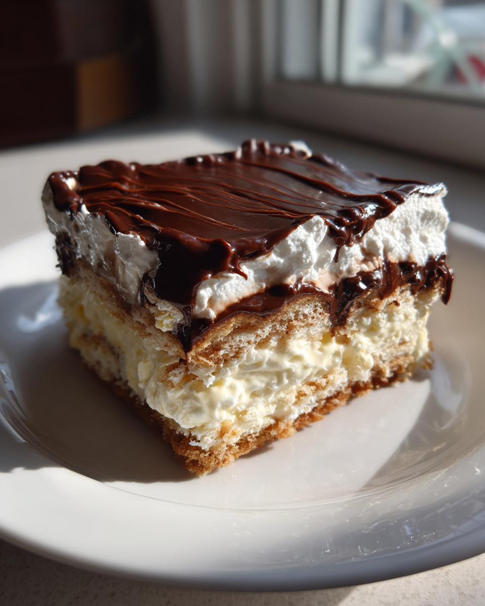 A decadent slice of eclair cake featuring layers of pastry, cream filling, whipped topping, and rich chocolate glaze.