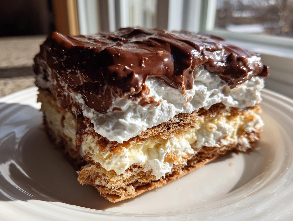 Close-up of a layered slice of eclair cake featuring graham crackers, cream filling, whipped topping, and chocolate glaze.