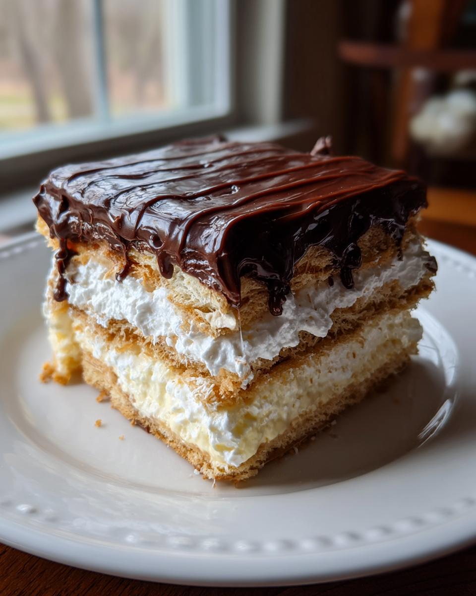 A decadent slice of eclair cake featuring layers of pastry, cream filling, whipped topping, and rich chocolate glaze.