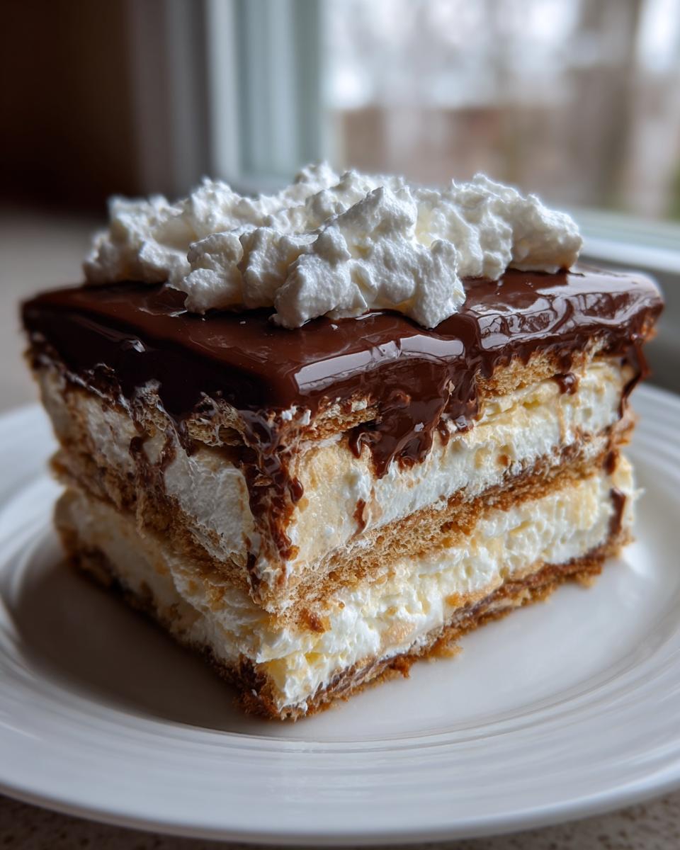 A tall, layered slice of no-bake eclair cake topped with chocolate glaze and whipped cream.
