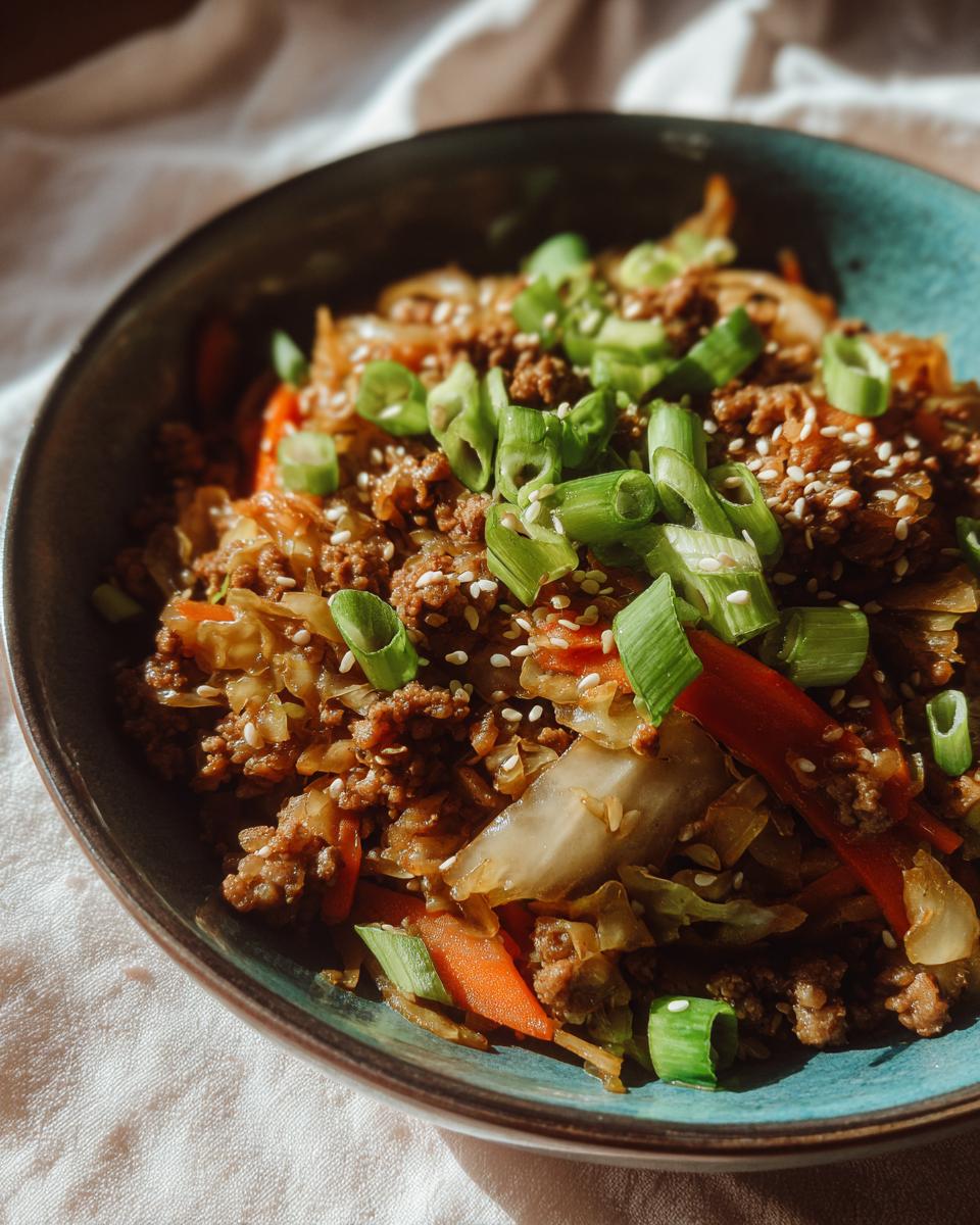 A close-up of a vibrant egg roll in a bowl featuring ground meat, cabbage, carrots, topped with green onions and sesame seeds.