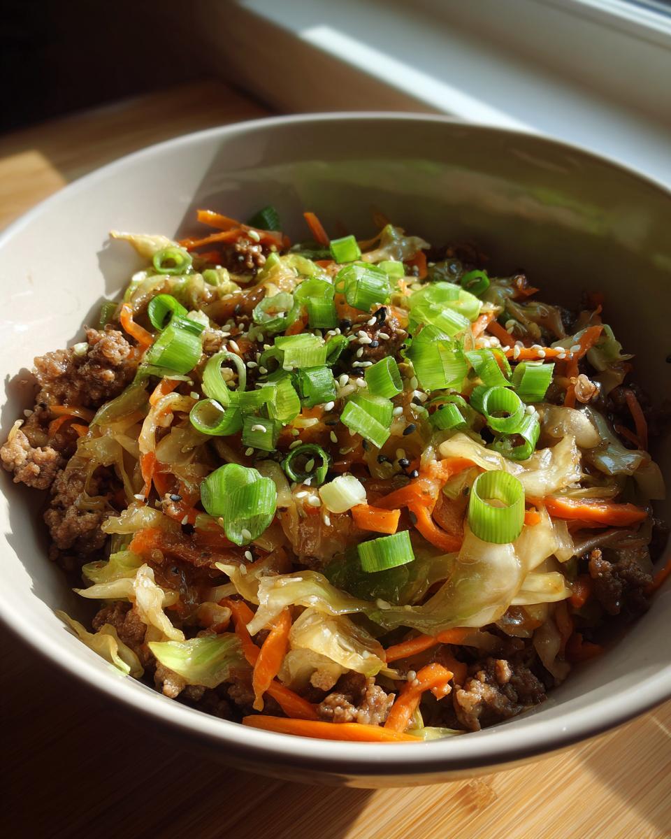 A close-up overhead shot of a serving of egg roll in a bowl, featuring ground meat, shredded cabbage, carrots, topped with green onions and sesame seeds.