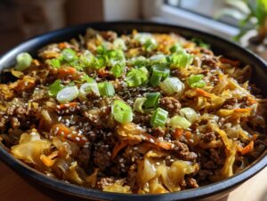 A close-up of savory egg roll in a bowl featuring ground meat, sautéed cabbage, carrots, topped with sesame seeds and green onions.