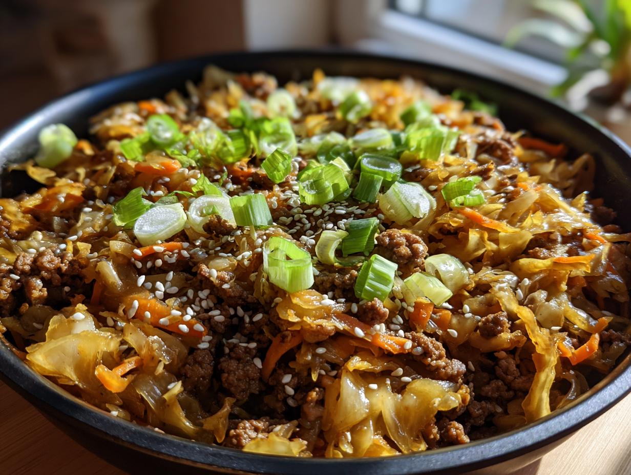 A close-up of savory egg roll in a bowl featuring ground meat, sautéed cabbage, carrots, topped with sesame seeds and green onions.