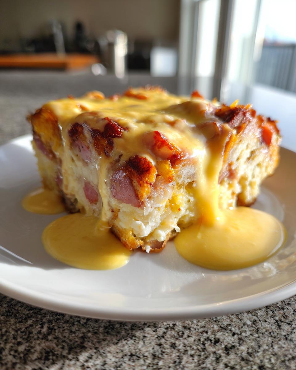 A square slice of baked eggs benedict casserole topped with melted cheese and drizzled with rich hollandaise sauce.