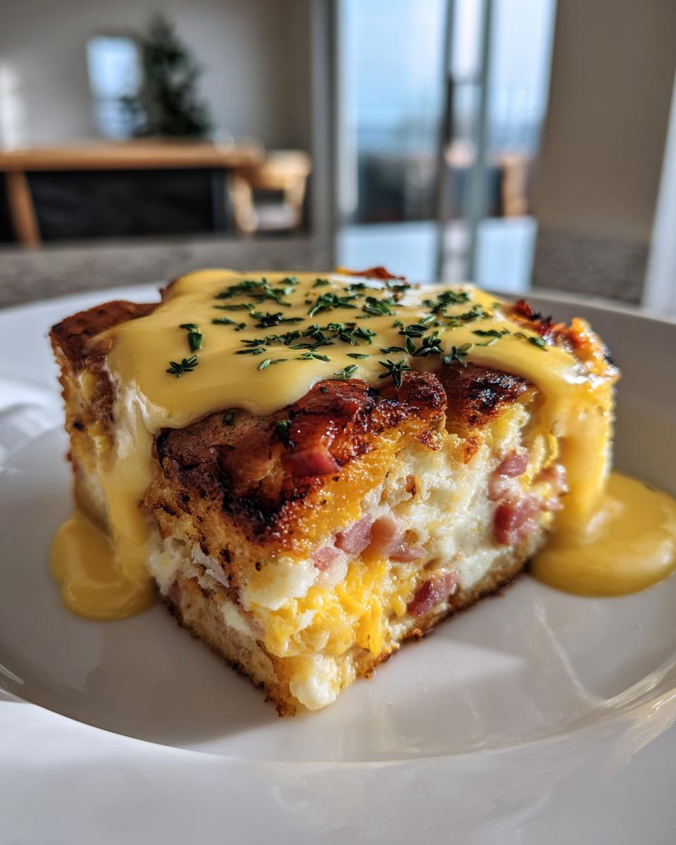 A square slice of baked eggs benedict casserole topped with rich hollandaise sauce and fresh herbs.