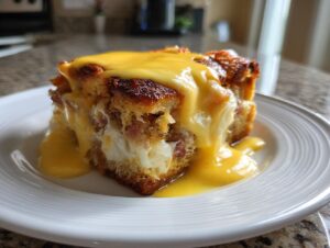 A close-up of a square serving of eggs benedict casserole topped with rich hollandaise sauce on a white plate.